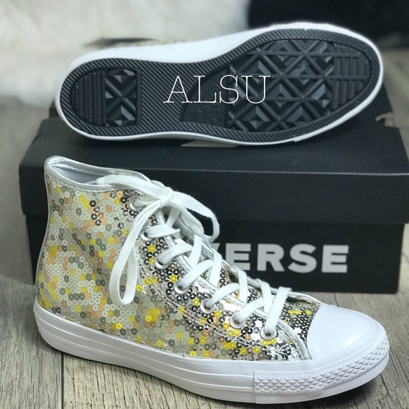 Converse Ctas HI Sequins Pure Silver Gold W AUTHEN - Picture 5 of 8